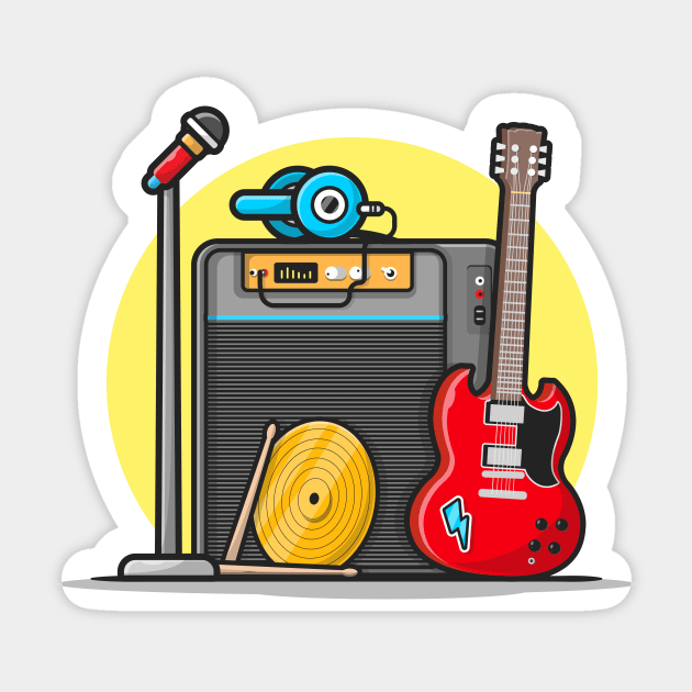 Music Instrument Concert Perform with Guitar, Microphone, Drum and Headphone Cartoon Vector Icon Illustration Sticker by Catalyst Labs